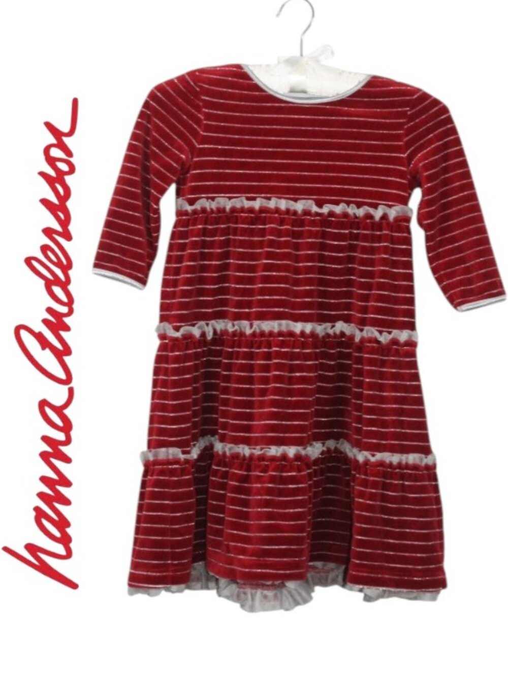 Hanna Andersson Red Velour Dress with Silver Ruffles & Stripes Size 120 (6/7)